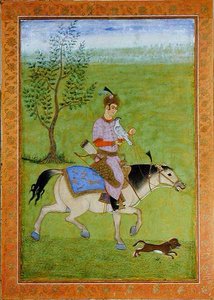 馬に乗った鷹狩りの王子（Large Clive Albumより）（水彩・紙 作： Mughal School