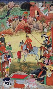 1560年または1561年にアクバルナマから1590年から98年にかけて、中央インドのサランプールでアクバルに敬意を表するアダムカーン