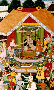 アクバルとアジムカーン、ディパルプル、1590〜95年頃 作： Mughal School
