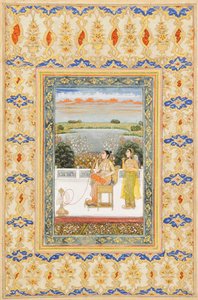 アルバムページ：テラスで喫煙するグルバダンベグム、デリー、1800年頃 作： Mughal School