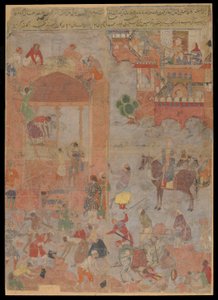 Anushirvanは、縁起の良い時間にCtesiphonの基礎を築きました、原稿のフォリオ、c.1560-1565（布に不透明な水彩画、インク、金、板紙に取り付け） 作： Mughal School