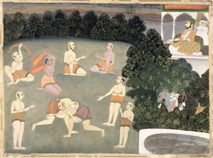アスリートは着席した貴族の前で演じる、1760年頃（紙に不透明なトイレ） 作： Mughal School