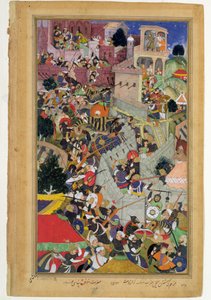 アクバル皇帝（r.1556-1605）は、1567年にチトフ包囲戦でサイマルを撃ちました。1590-98年にアブールファジによって作られたアクバルナマ（紙に不透明なトイレと金） 作： Mughal School