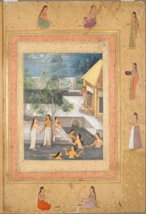 ハーレムの夜の入浴シーン（recto）：花と鳥の装飾的な境界線に囲まれた書道（verso）、c。 1650（紙にインクと色）