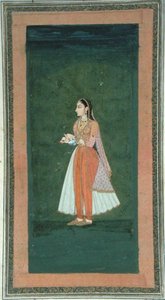 ワインフラスコとカップを持つ女性（「スモール・クライヴ・アルバム」より）（不透明水彩・紙 作： Mughal School