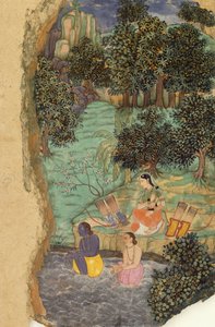 ランダとラクシュマナがマンダキニ川のほとりで死んだ父に水を捧げる、1595年頃 作： Mughal School