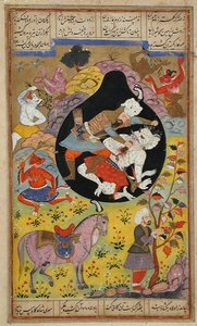 ロスタムは白い部隊を倒す、1608 作： Mughal School