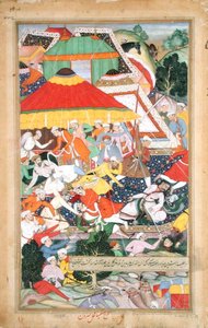 1573 年のグジャラートへの行進中のラジプートによるキラン カーンの負傷、アブル ファジによって作成された「アクバルナマ」より 作： Mughal School