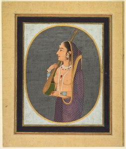 歌いながらヴィーナを弾く宮廷婦人、1760年頃（不透明水彩、インク、金、紙） 作： Muhammad Riza i Hindi