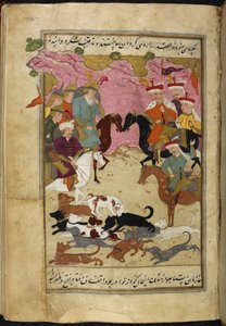シャー・イスマーイールとアラー・アル・ダウラは、犬が互いに戦っているのを見て、この戦いを自分たちの次の戦いの結果の前兆と見なしている」、「シャー・イスマーイールの歴史」（ベラム）のイラスト 作： Muin Musavvir