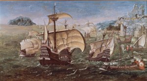 岩場に浮かぶポルトガル船 - 16世紀 - O / L - 78 × 144 - グリニッジ美術館所蔵の原画のコピー 作： Munday John