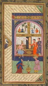 彼女の宮殿でのズライカとジョセフとの老婆として、アブド・アル・ラーマン・ジャミ（ペルシャ語、1414–1492）のパンジ・ガンジ（5つの宝物）から。 Verso: Abd al-Rahman Jami (Persian, 1414–1492) の Panj Ganj から、2 人のマスナビスと共に: Yusuf va Zulaykha (Joseph と Zulayk) 作： Mushfiq