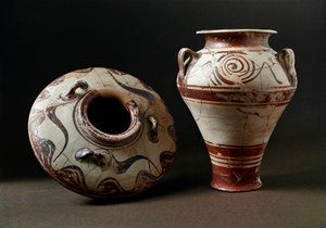 ミケニアン美術：陶製花瓶紀元前1400年アテネ、アゴラ博物館 - ミケーネの美術：陶器の壺。紀元前1400年ギリシャ、アテネ、アゴラ博物館