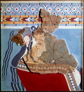 ミケニアン美術：女性の胸像。ティルンテ宮殿のフレスコ画の断片と再構成 作： Mycenaean