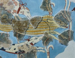Fresko Tirinto-palatsista (Kreikka). Yksityiskohta: ryhmä koiria hyökkäämässä villisikaa vastaan. Mykeneen sivilisaatio 作： Mycenean