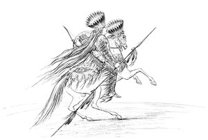 武器と頭飾りを持ったネイティブアメリカンの男性。1841年、馬に乗っていました。 作： Myers and Co