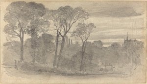 遠くに大聖堂のある夕景 作： Myles Birket Foster