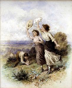 蝶々を捕まえる（水彩・紙） 作： Myles Birket Foster