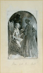 「エマはマドレーヌの硬い手からビレットを取っている」（bc、鉛筆と紙の上のWC） 作： Myles Birket Foster