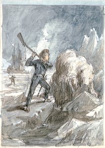 熊に遭遇するネルソン、1854年頃（灰色ウォッシュ、白で強調、水彩、グラファイト） 作： Myles Birket Foster