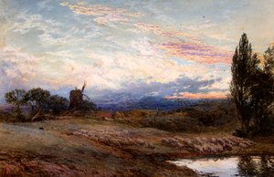 夕暮れに水をやる羊（水彩画） 作： Myles Birket Foster