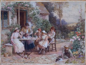 ティータイム（カードに鉛筆と水彩絵の具で盛り上げたもの 作： Myles Birket Foster