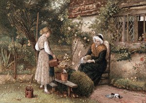 若さと年齢。英国人画家マイルス・バーケット・フォスター（1825-1899）の絵画をもとにしたクロモリトグラフ。レースの帽子をかぶった祖母が二人の孫とコテージの庭に座っている。少女はじょうろで鉢植えの植物に水をやっている。子猫が水やりをしている。 作： Myles Birket Foster