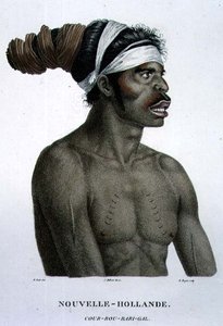 Cour-Rou-Bari-Gal、ニューホランド出身、B.ロジャーが彫刻した「Voyage of Discovery to Australian Lands」のプレート18、1800-04年に出版された。1800-04（彫刻） 作： N. (after) Petit