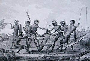 ニューホランド州ポート・ジャクソンアボリジニの結婚前の儀式。1825年に出版されたLerouge and Forgetによる「Voyage Autour du Monde sur les Corvettes de L