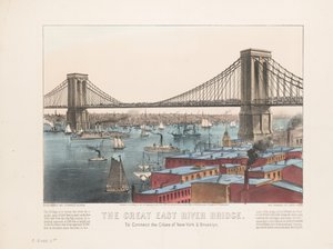 グレートイーストリバーブリッジ：ニューヨークとブルックリンの都市をつなぐ、1872年頃 作： Nathaniel Currier