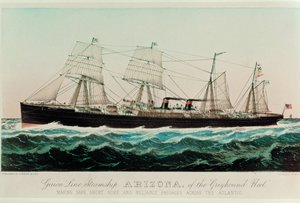 グレイハウンド船団のギオン・ライン蒸気船アリゾナ号、大西洋を安全、短期間、確実、信頼できる航路で横断...（カラー印刷）。
