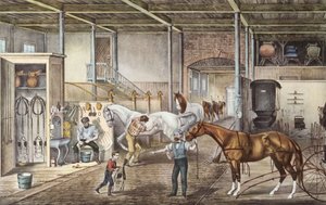 少年と花婿が馬の世話をする馬小屋の模型（1870年、カリアー＆イヴ著『アメリカ』より 作： N. and Ives J.M. (1824 95) Currier