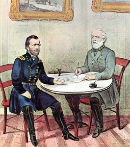 アメリカ南北戦争：グラント将軍（左）とリー将軍は、1865年のパームサンデーに、リーの北バージニア軍の降伏条件を取り決めるために会談した。