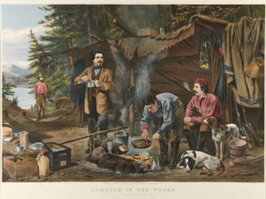 森の中のキャンプ「A Good Time Coming」（カラーリトグラフ 作： Currier and Ives