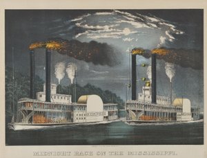 ミシシッピ号のミッドナイトレース 作： Currier and Ives