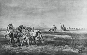 平和か戦争か、インディアンと白人ハンターの邂逅」（コリン・シムキン著 作： Currier and Ives