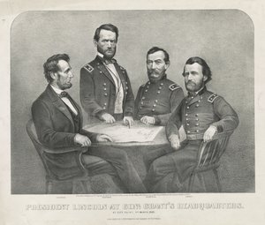 グラント元帥の本部でのリンカーン大統領（1865年頃）（リトグラフ 作： Currier and Ives