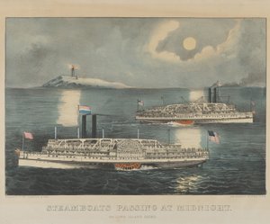 真夜中のロングアイランド海峡を行き交う蒸気船たち 作： Currier and Ives