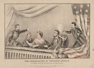 リンカーン大統領の暗殺、ワシントン州フォーズシアター、1865年（手描きのリトグラフ）