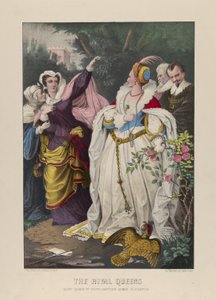ライバルクイーンズ、スコットランドのメアリークイーン、エリザベス女王に挑む、1857-172（手塗りのリトグラフ） 作： N. and Ives, J.M. Currier