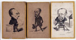 3 Portraits-charge（肖像画担当）。フランソワ・ピエール・ギヨーム・ギゾー（1787-1874）、フランスの歴史家・政治家、シャルル・ジャン＝バティスト（ジャン・バティスト）・ジャコー・ディット・ユージン・ド・ミレクール（1812-1880）、フランスのジャーナリスト・作家、ピエール＝ジョセフ・プロードン 作： Nadar