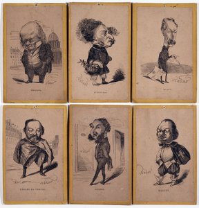 6 Charge Portraits:Pierre Jean de Beranger (1780-1857) フランスの作詞家、Alexandre Dumas fils (1824-1895)、Louis Adrien Huart (1813-1865) フランスのジャーナリスト、作家、演劇監督、Gerard de Nerval (1808-1855) フランスの作家、Charles Matharel de Fie 作： Nadar