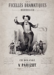 操り人形の息子たちを抱えるジャン・ベルトリエ（1830-1888）の肖像。アルバム "Les Ficelles Dramatiques deroulees by Berthelier de l