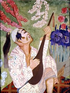 リュートを弾く日本人男性（油彩・キャンバス
