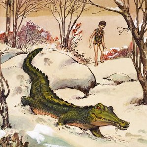 ピーターがワニを追う、J.M.バリの「ピーター・パン」より（紙にガッシュ画）