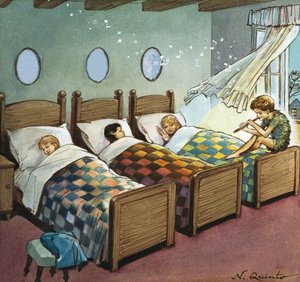 J.M.バリの「ピーター・パン」の挿絵「眠るウェンディ、マイケル、ジョン」（紙にグワッシュ）