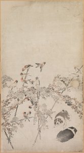 子犬、スズメ、菊、1754年から1799年。 作： Nagasawa Rosetsu