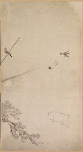 子犬、スズメ、菊、1754年から1799年。 作： Nagasawa Rosetsu