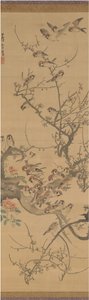 梅の木のスズメ、1790 年代初頭。 作： Nagasawa Rosetsu