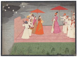 梅雨の時期にバルワントデヴシンのためにラーガを演奏するミュージシャン、1745〜50年頃